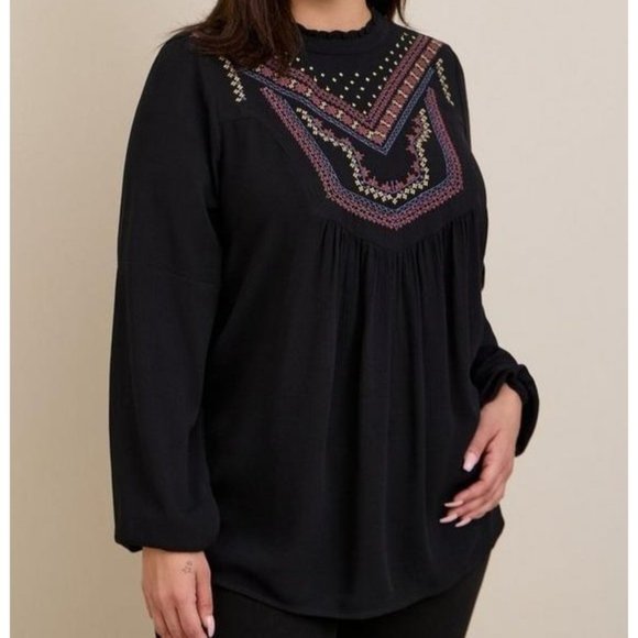 torrid Tops - Torrid 1X NWT Washable Black Crinkle Gauze Relaxed Embroidered Blouse Boho Hippy